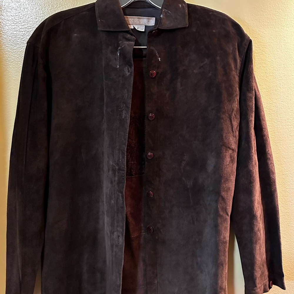 Vintage Perry Ellis Suede Shirt | Brown Button-Up | Soft Leather Overshirt